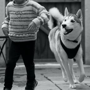 Photo prise en extérieur d'un jeune enfant qui court devant un chien Husky portant un harnais - Apprendre les bons comportements avec un chien