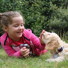 Photo d'une jeune fille habillée en rose, elle est couchée dans l'herbe et semble donner une friandise au chien beige couché à côté d'elle - Apprendre ensemble, chien et enfant c'est possible